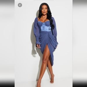 Mineral Blue Satin Insert Draped Chiffon Midi Dress.